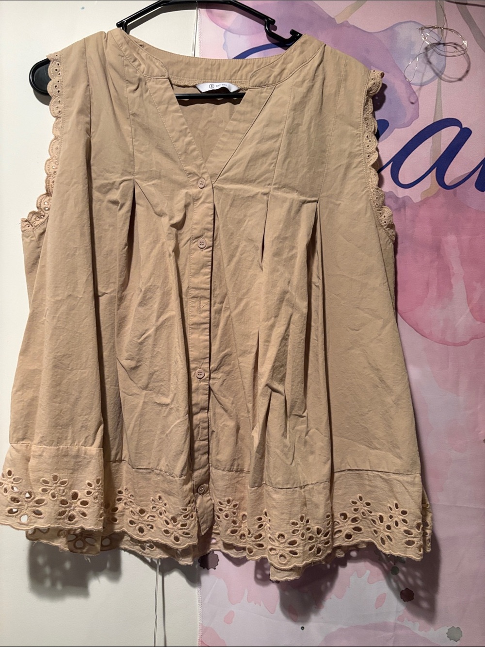Sleeveless Eyelet Hem Cotton Blend Top in Tan